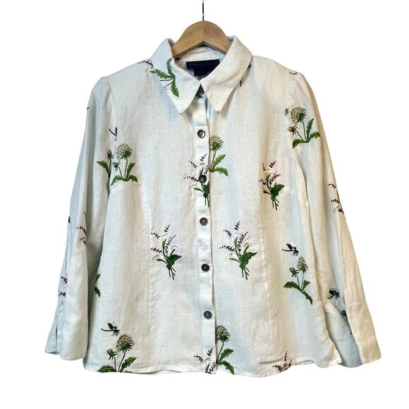 Nina McLemore White Linen Jacket Size 8 Embroidered Floral Blouse White Resort - Picture 1 of 10